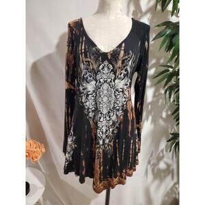 Vocal USA Studded Tie Dye Mandala Asymmetrical Deep-V Neck Tunic Top Size XL Y2K